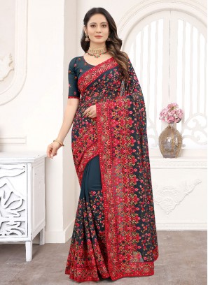 Faux Georgette Embroidered Traditional Saree in Morpeach 