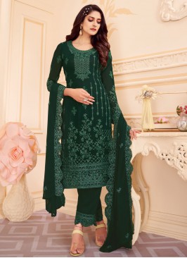 Faux Georgette Embroidered Trendy Salwar Kameez in Green