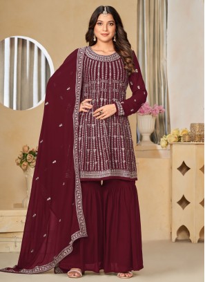 Faux Georgette Embroidered Trendy Salwar Kameez in Maroon