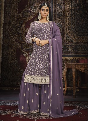 Faux Georgette Embroidered Trendy Salwar Kameez in Purple