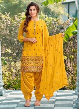 Faux Georgette Embroidered Trendy Salwar Suit in Yellow