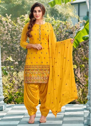 Faux Georgette Embroidered Trendy Salwar Suit in Yellow