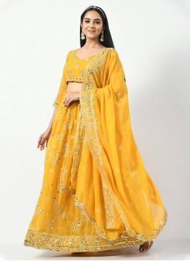 Faux Georgette Embroidered Yellow Trendy Lehenga Choli