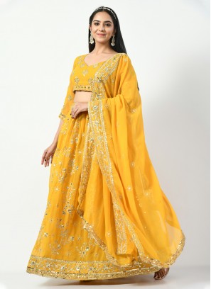 Faux Georgette Embroidered Yellow Trendy Lehenga Choli