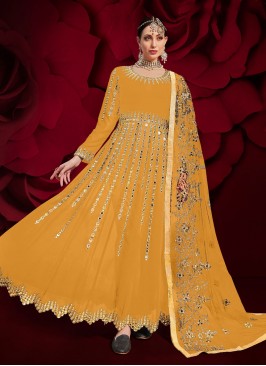 Faux Georgette Floor Length Anarkali Suit in Yellow