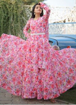 Faux Georgette Floral Print Floor Length Gown in Multi Colour