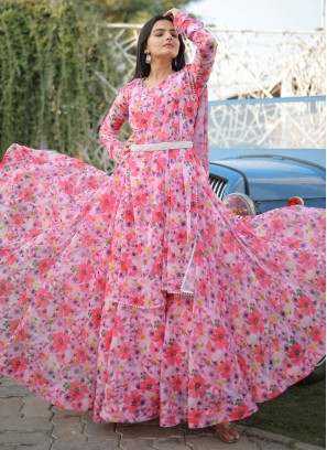 Faux Georgette Floral Print Floor Length Gown in Multi Colour