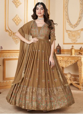Faux Georgette Foil Print Gown  in Brown