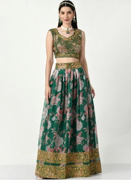 Faux Georgette Green Embroidered A Line Lehenga Choli