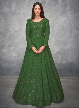 Faux Georgette Green Embroidered Floor Length Designer Salwar Suit