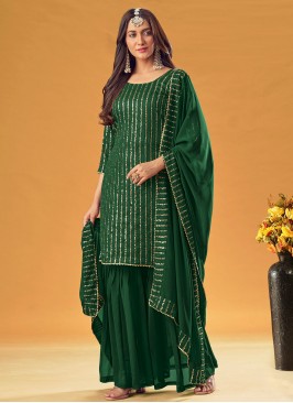 Faux Georgette Green Embroidered Readymade Salwar Suit
