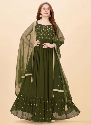 Faux Georgette Green Layered Gown