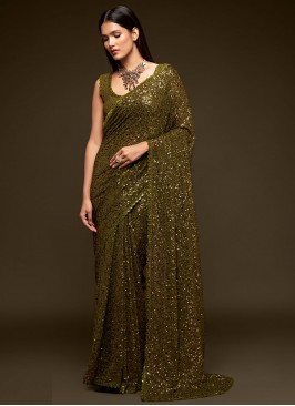 Faux Georgette Green Sequins Classic Designer Sare