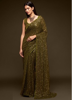 Faux Georgette Green Sequins Classic Designer Saree