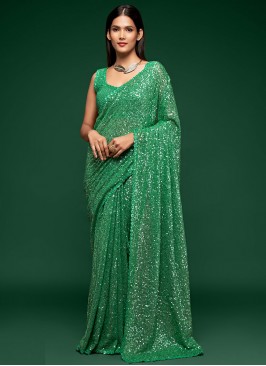 Faux Georgette Green Sequins Classic Designer Sare