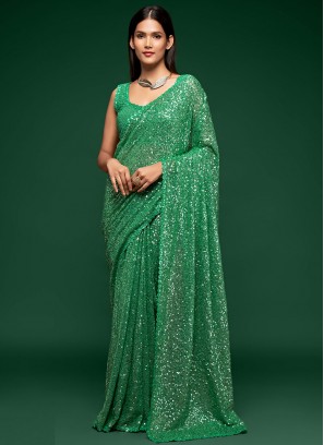 Faux Georgette Green Sequins Classic Designer Saree