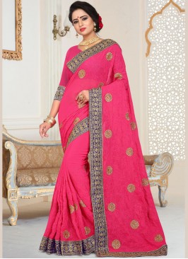 Faux Georgette Hot Pink Patch Border Designer Trad