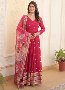Faux Georgette Hot Pink Sequins Readymade Gown