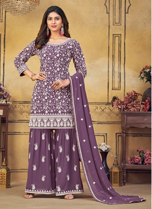 Faux Georgette Lavender Embroidered Palazzo Salwar Kameez