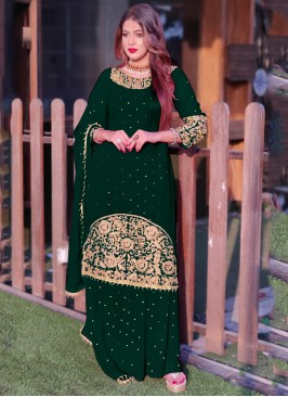 Faux Georgette Long Choli Lehenga in Green