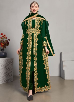 Faux Georgette Long Length Designer Suit in Green