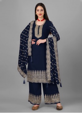 Faux Georgette Navy Blue Designer Salwar Kameez