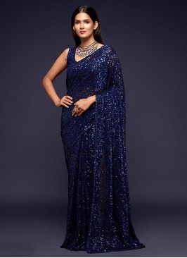 Faux Georgette Navy Blue Sequins Classic Designer Saree