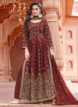 Faux Georgette Palazzo Salwar Kameez in Maroon