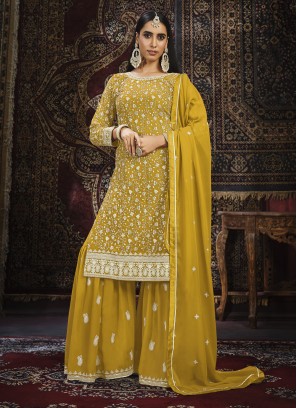 Faux Georgette Palazzo Salwar Suit in Mustard