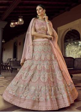 Faux Georgette Peach Resham Lehenga Choli