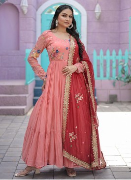 Faux Georgette Peach Thread Work Gown 