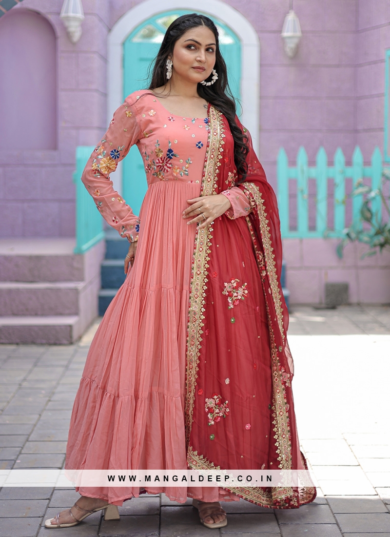 Pista Green Anarkali Thread Work Dress with Banarasi Dupatta – DC Fashion