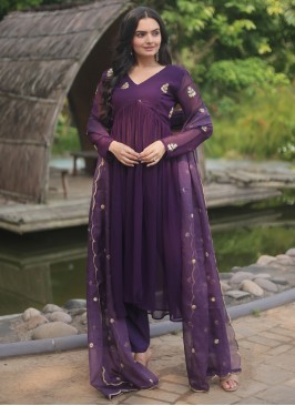 Faux Georgette Purple Embroidered Salwar Kameez