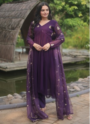 Faux Georgette Purple Embroidered Salwar Kameez