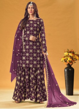Faux Georgette Readymade Salwar Suit in Purple