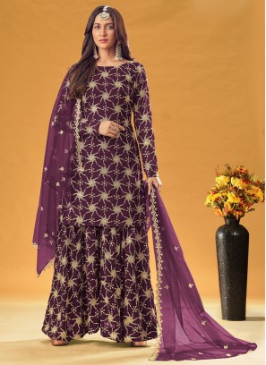 Faux Georgette Readymade Salwar Suit in Purple