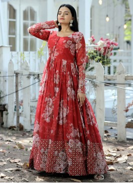 Faux Georgette Red Embroidered Designer Gown