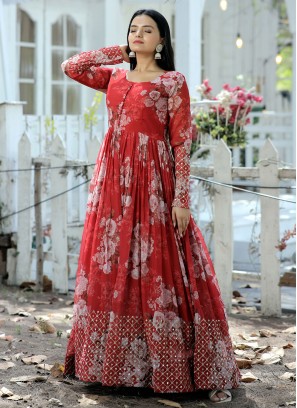 Faux Georgette Red Embroidered Designer Gown