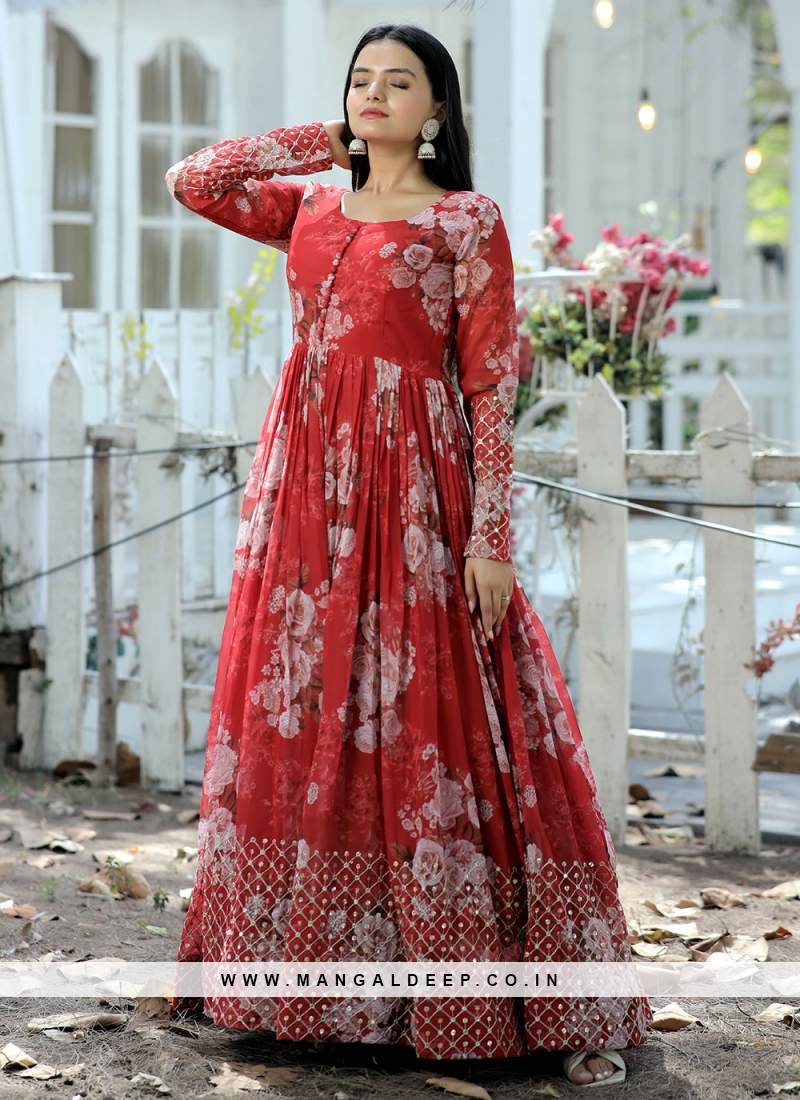 Red Colour Silk Fabric Designer Gown.