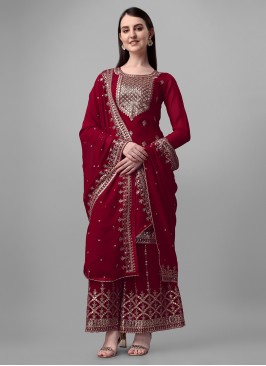 Faux Georgette Red Embroidered Palazzo Salwar Kameez