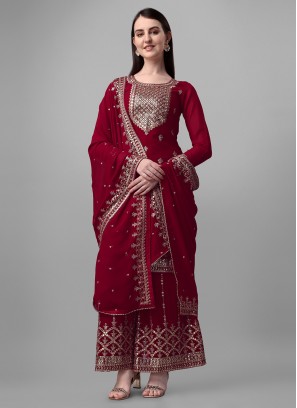 Faux Georgette Red Embroidered Palazzo Salwar Kameez