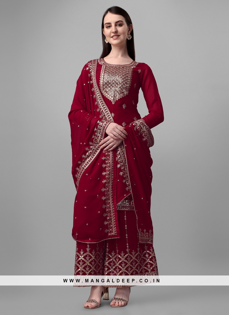 Faux Georgette Red Embroidered Palazzo Salwar Kameez