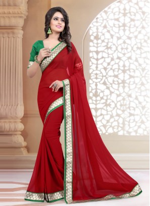 Faux Georgette Red Lace Classic Saree