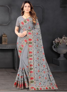 Faux Georgette Resham Grey Designer Saree