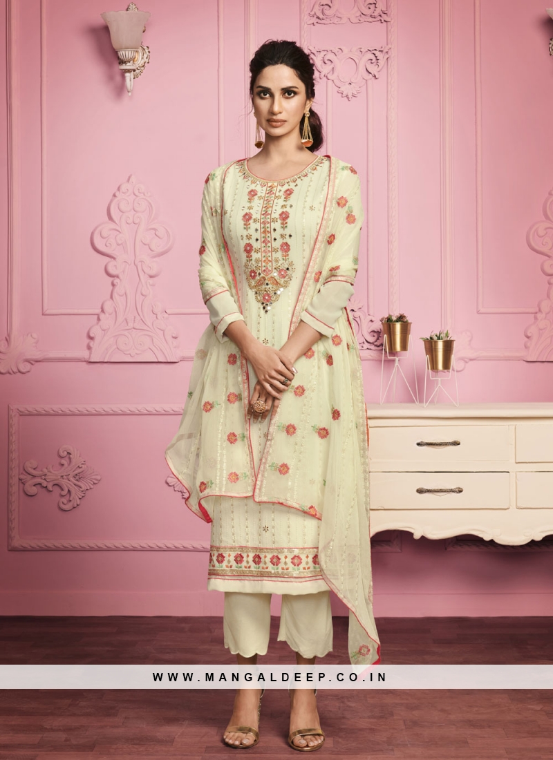 Faux Georgette Pink Embroidered Pant Style Suit