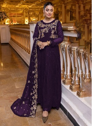 Faux Georgette Sequins Salwar Kameez in Purple