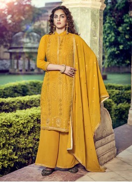 Faux Georgette Swarovski Yellow Designer Pakistani Salwar Suit