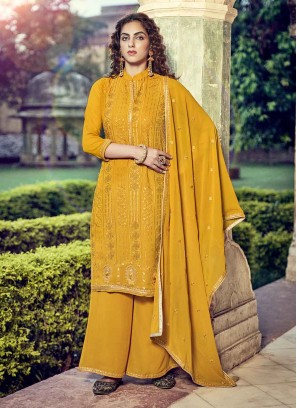 Faux Georgette Swarovski Yellow Designer Pakistani Salwar Suit