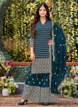 Faux Georgette Teal Embroidered Designer Salwar Kameez