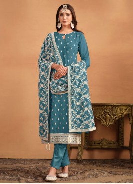 Faux Georgette Teal Salwar Kameez